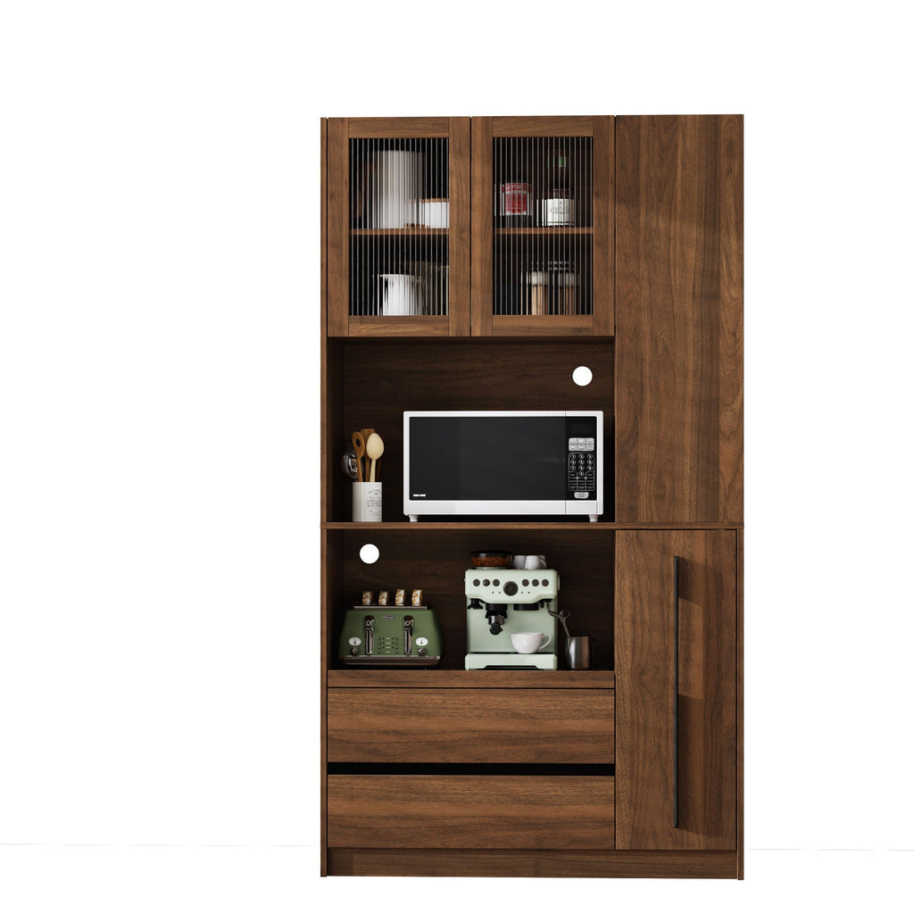 Tall Kitchen Pantry Cabinet With 4 Tier Side Shelf, 2 Drawers