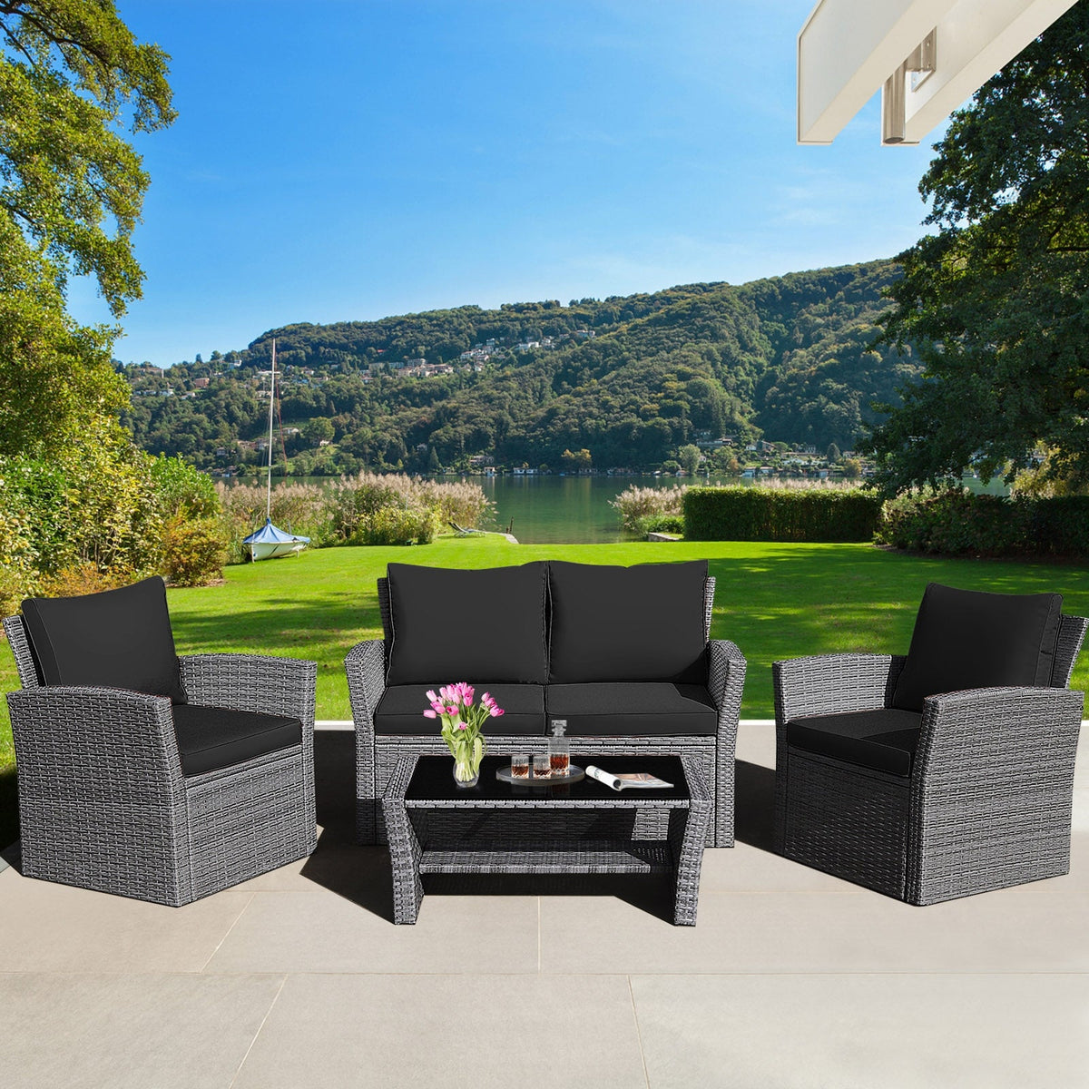4 Pieces Patio Rattan Furniture Set Sofa Table with Storage Shelf Cushions