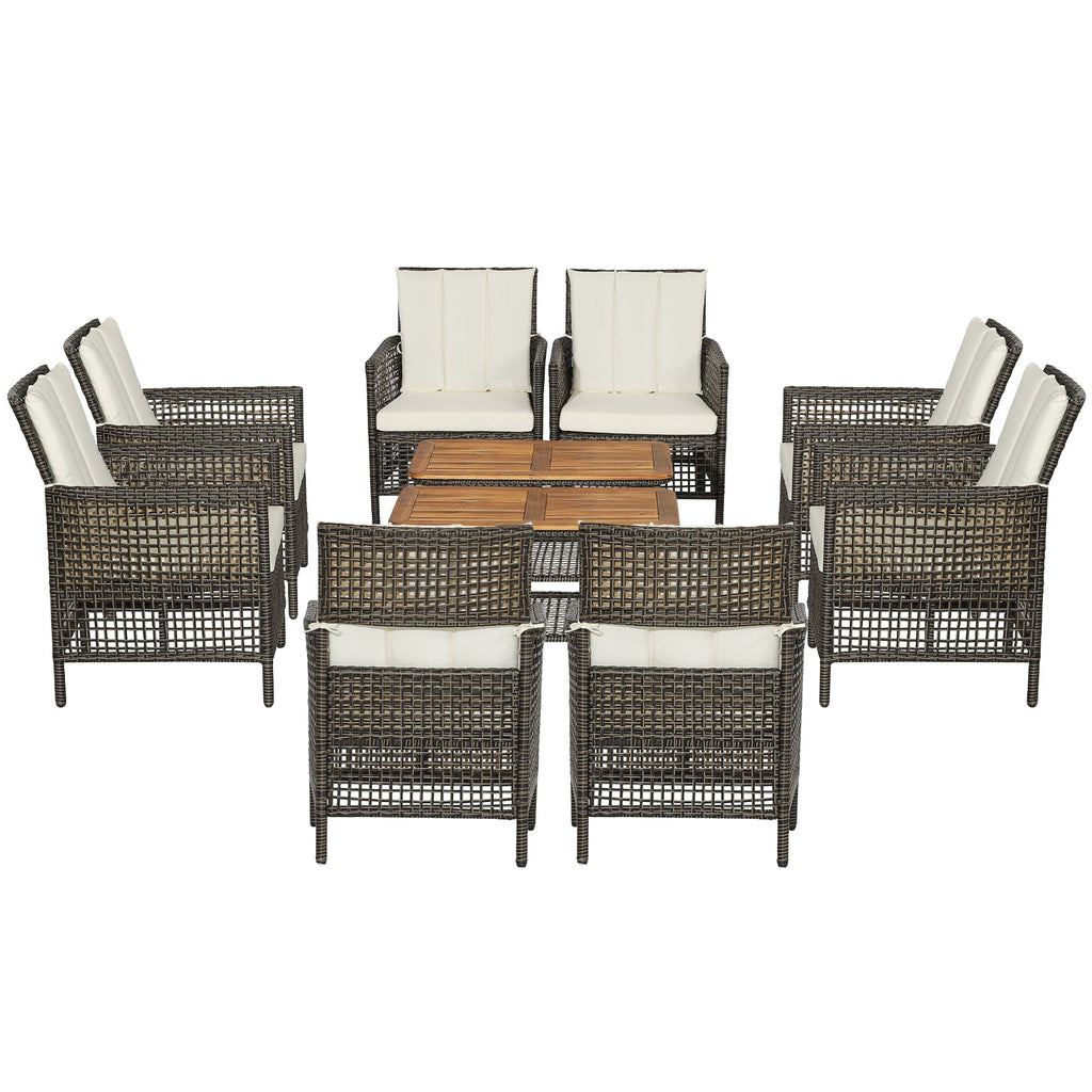 5 Pieces Patio Rattan Set Cushioned Sofa Armrest Wooden Tabletop