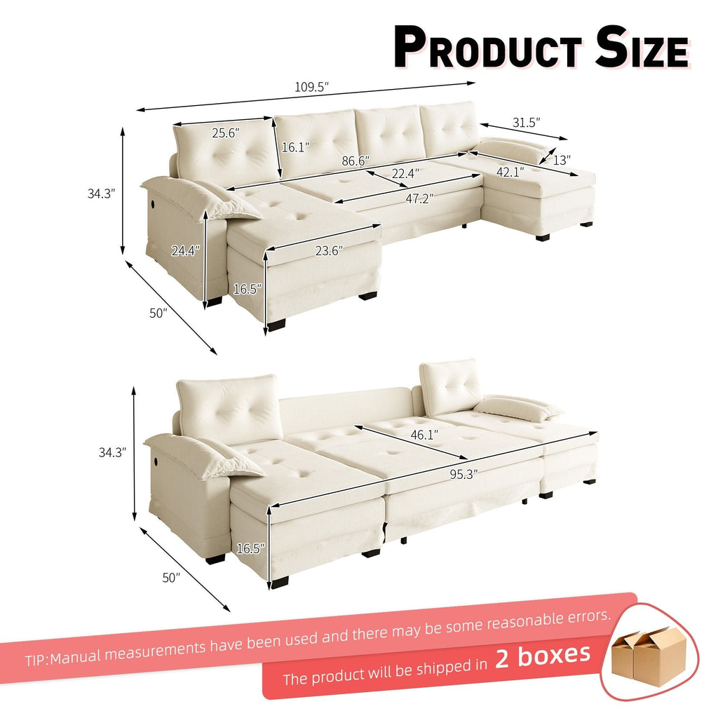 U-Shaped Sleeper Sofa With Pull Out Bed, Removable Armrests & USB Ports