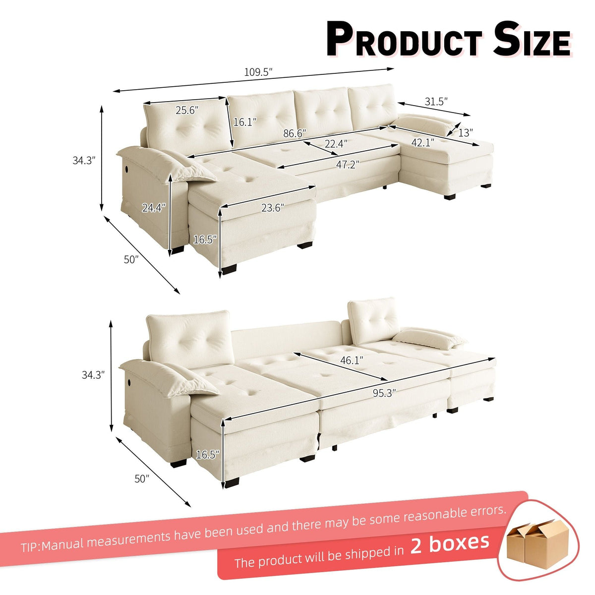 U-Shaped Sleeper Sofa With Pull Out Bed, Removable Armrests & USB Ports