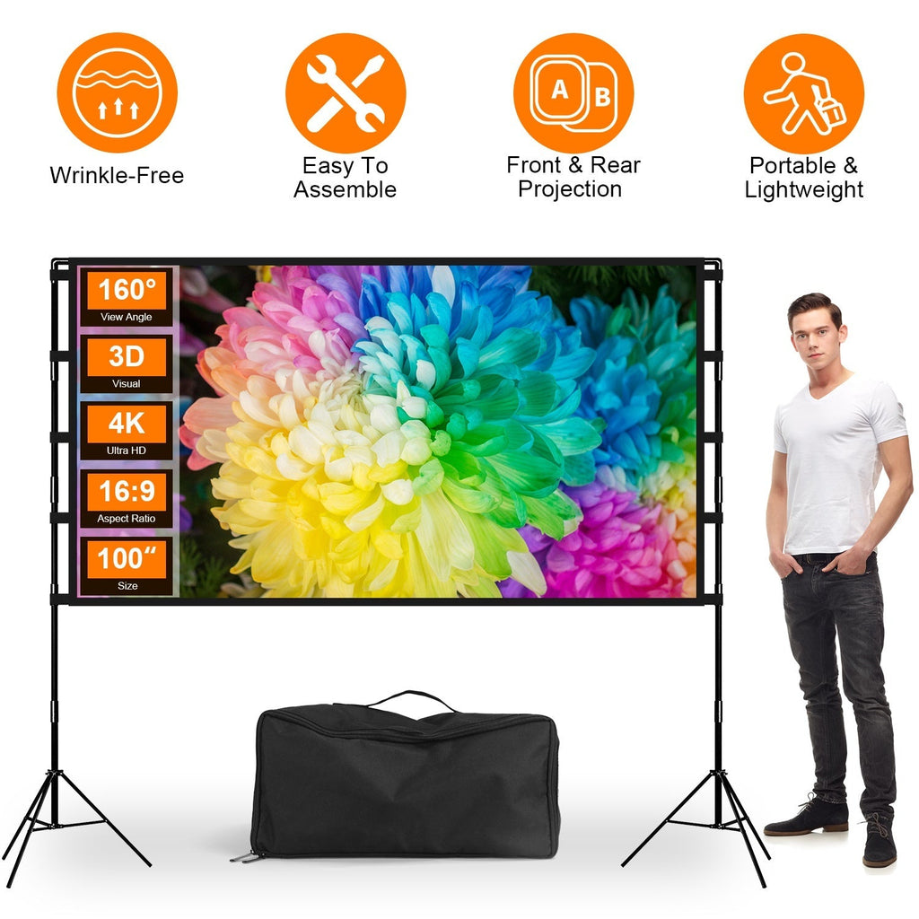 100inch Projector Screen with Stand 16:9 4K HD Rear Front Wrinkle-Free