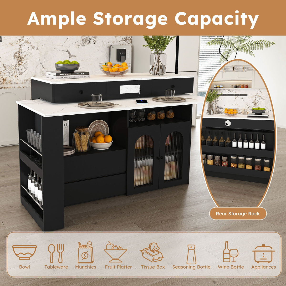 Kitchen Island, Extendable Rotating Table, 4 Drawers & Glass Doors