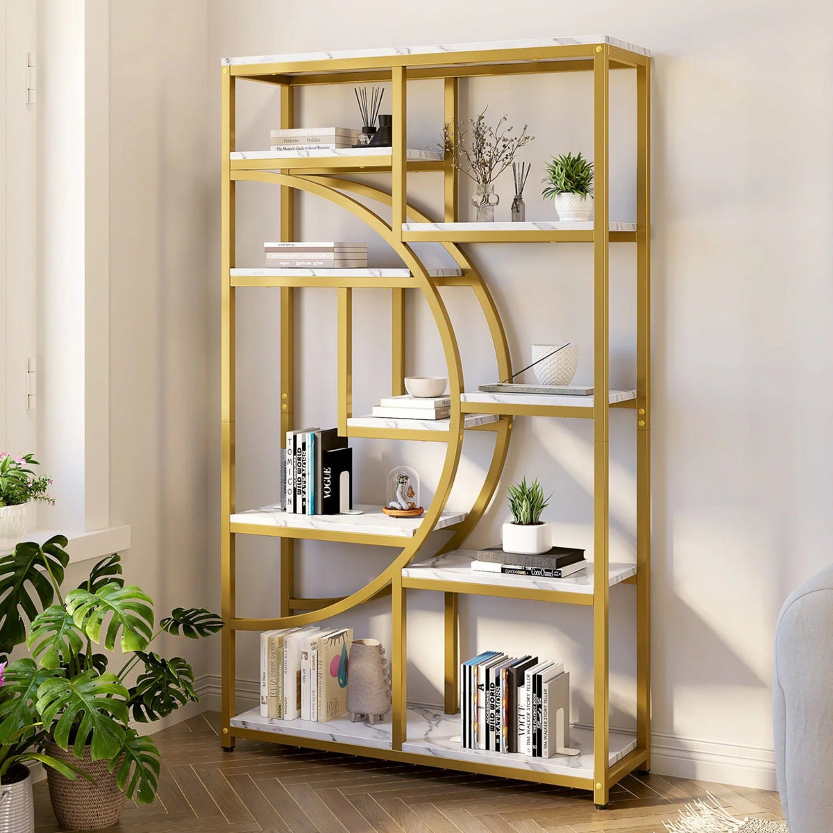 5 Tier Corner Etagere Bookshelf With 9 Open Shelves Storage Organizer For Living Room