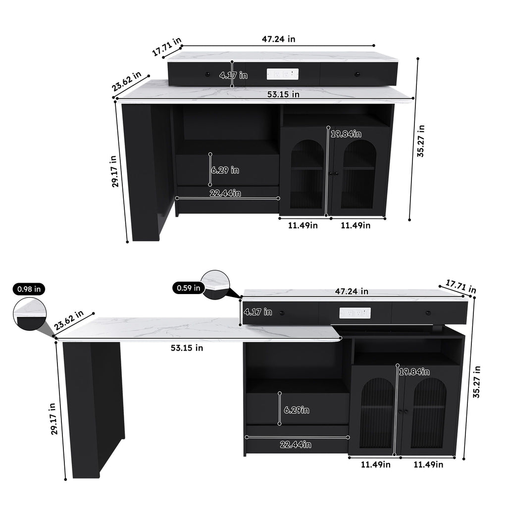 Kitchen Island, Extendable Rotating Table, 4 Drawers & Glass Doors
