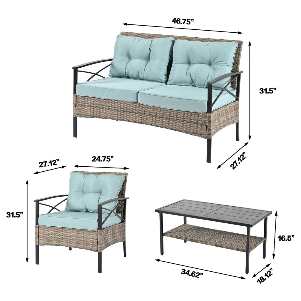 Patio Furniture, Four Set Wicker Furniture With Black Metal Table