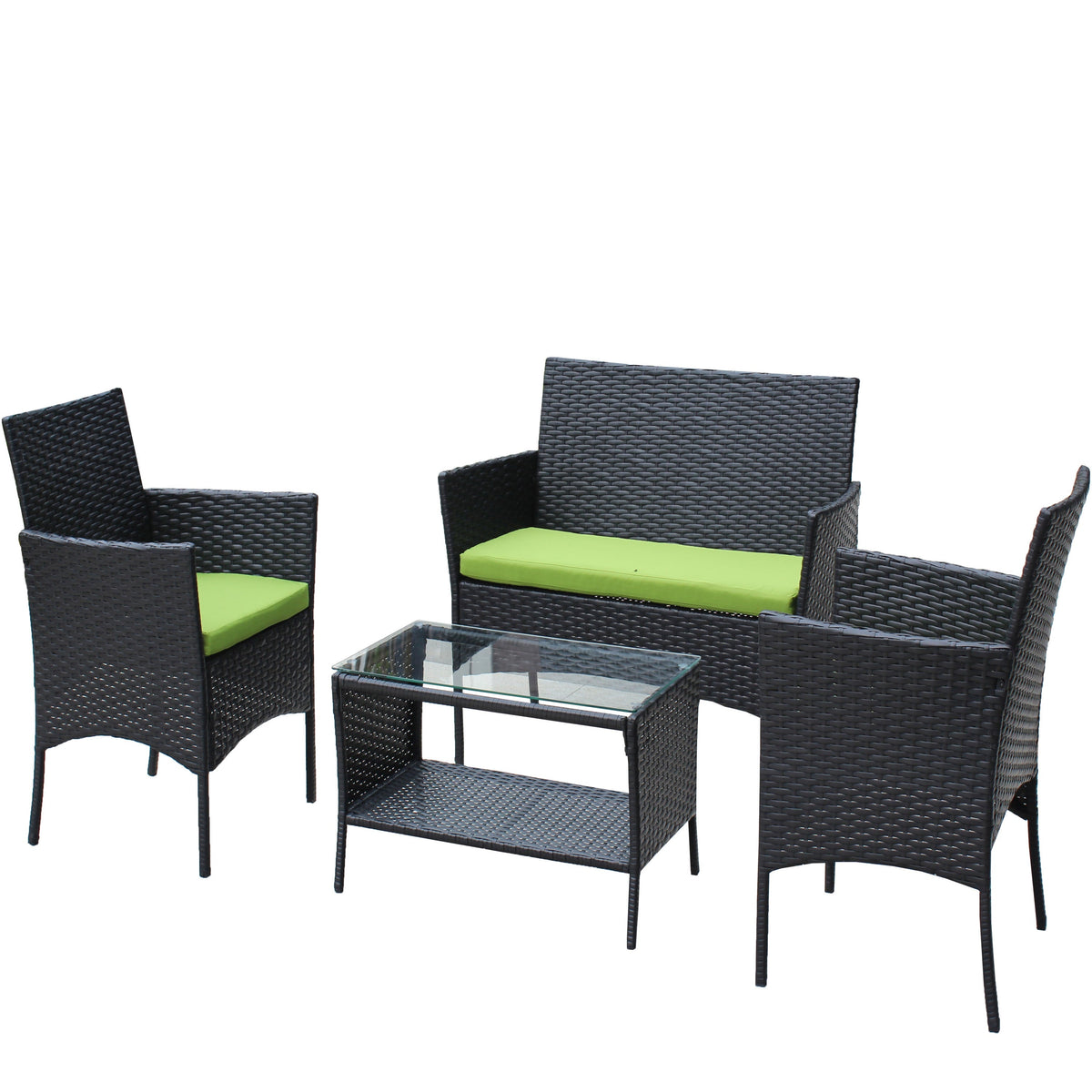 4 PC Rattan Patio Set Outdoor Cushioned Wicker Sofa Green Cushion