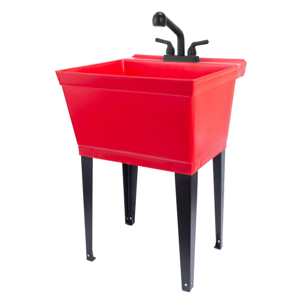 Red Utility Sink with Matte Black Finish Pull-Out Faucet