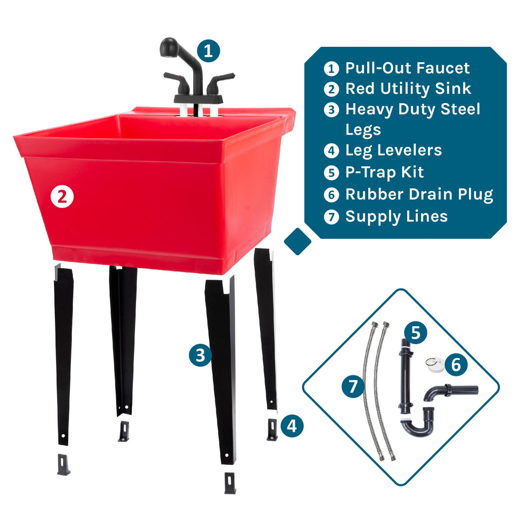 Red Utility Sink with Matte Black Finish Pull-Out Faucet