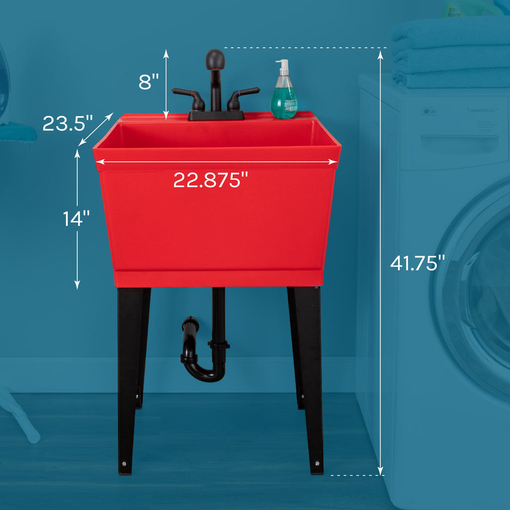 Red Utility Sink with Matte Black Finish Pull-Out Faucet