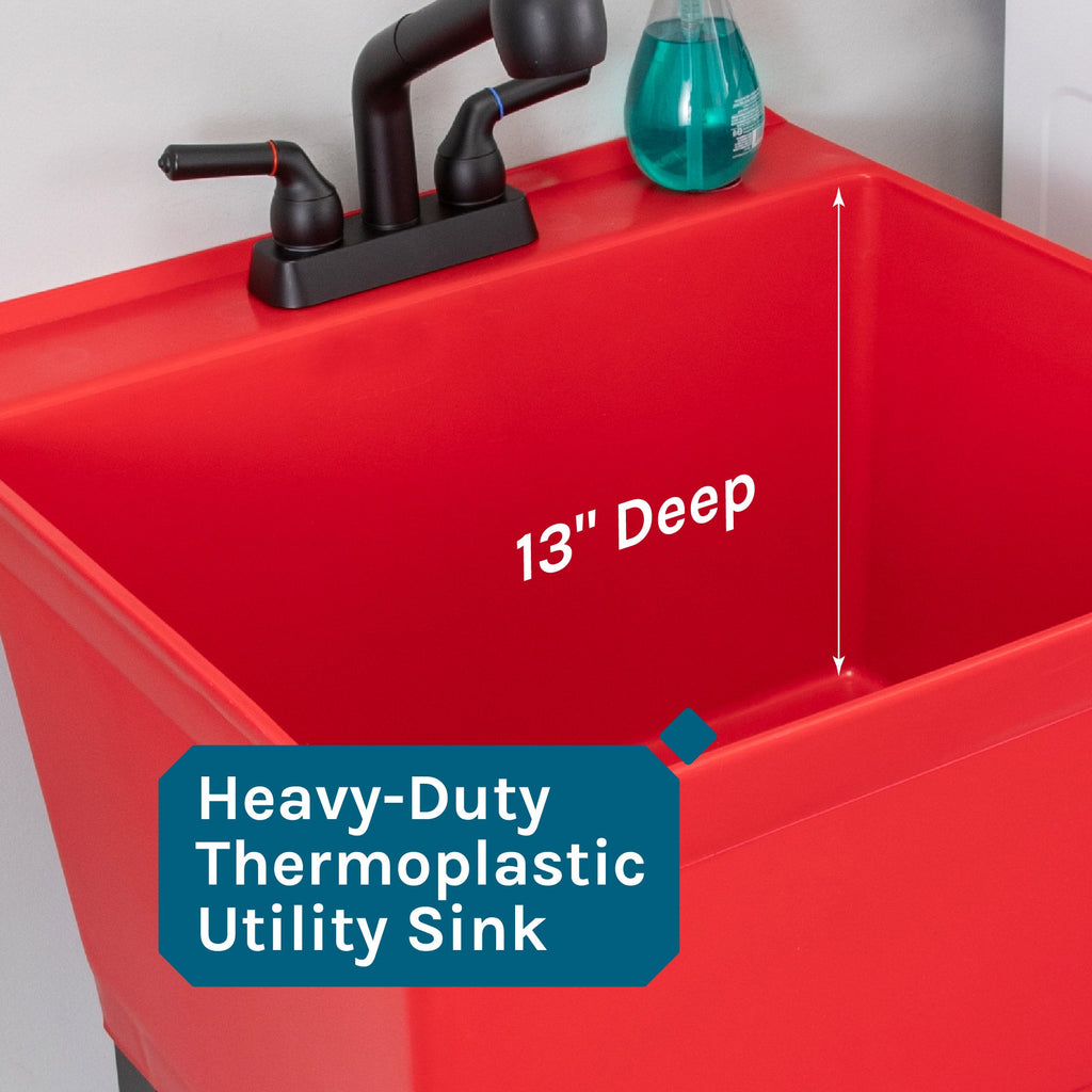Red Utility Sink with Matte Black Finish Pull-Out Faucet