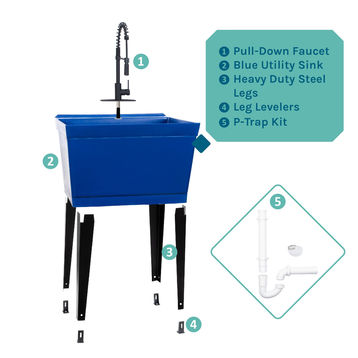 Blue Utility Sink with Black Finish High-Arc Coil Pull-Down Faucet