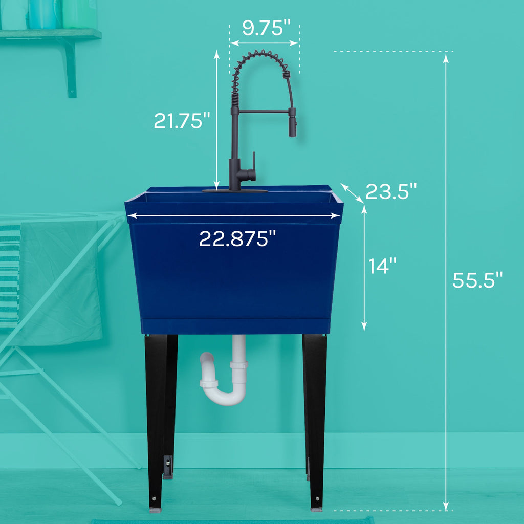 Blue Utility Sink with Black Finish High-Arc Coil Pull-Down Faucet