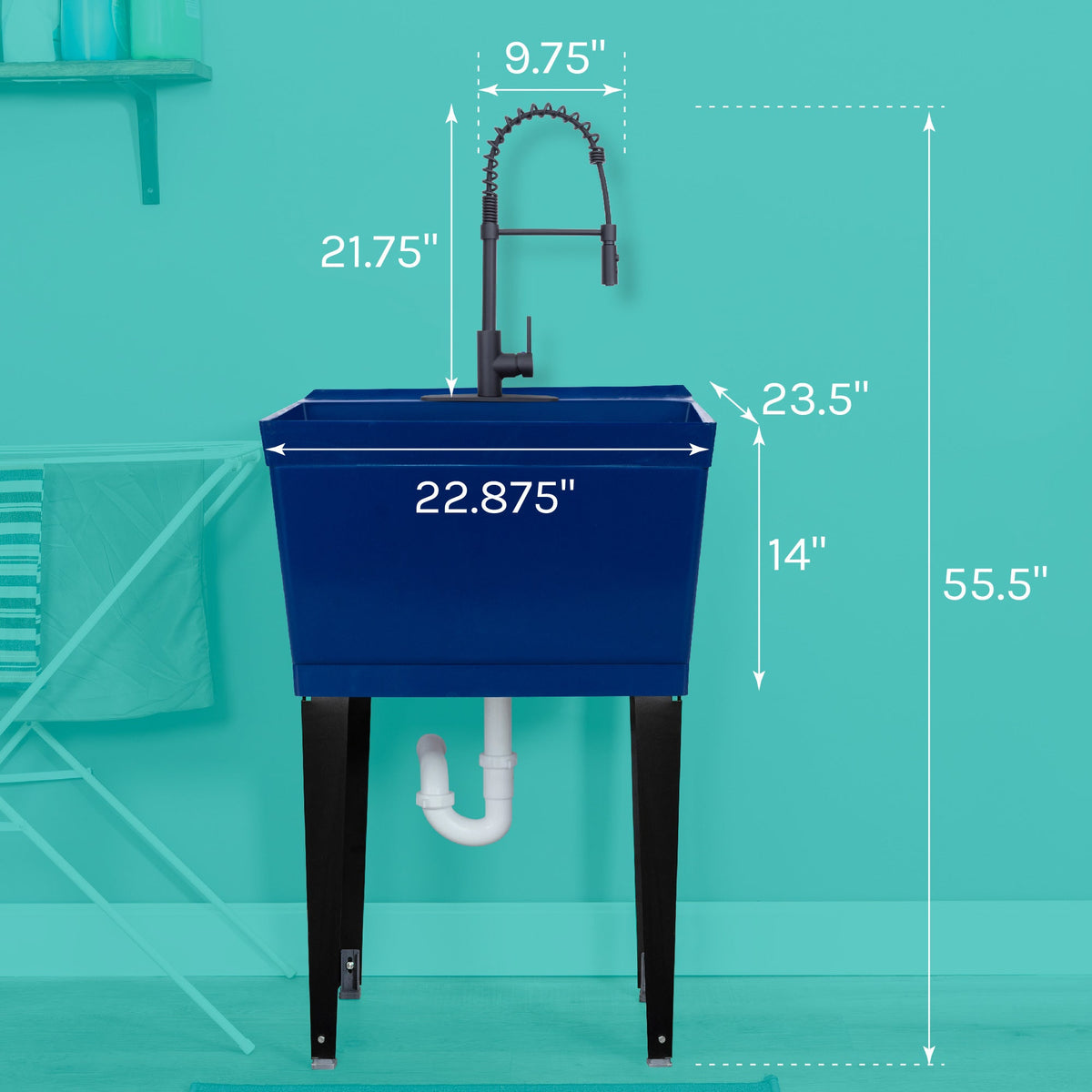 Blue Utility Sink with Black Finish High-Arc Coil Pull-Down Faucet