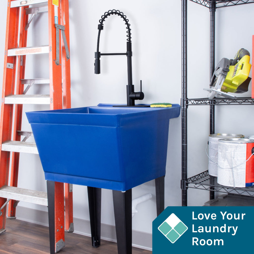 Blue Utility Sink with Black Finish High-Arc Coil Pull-Down Faucet