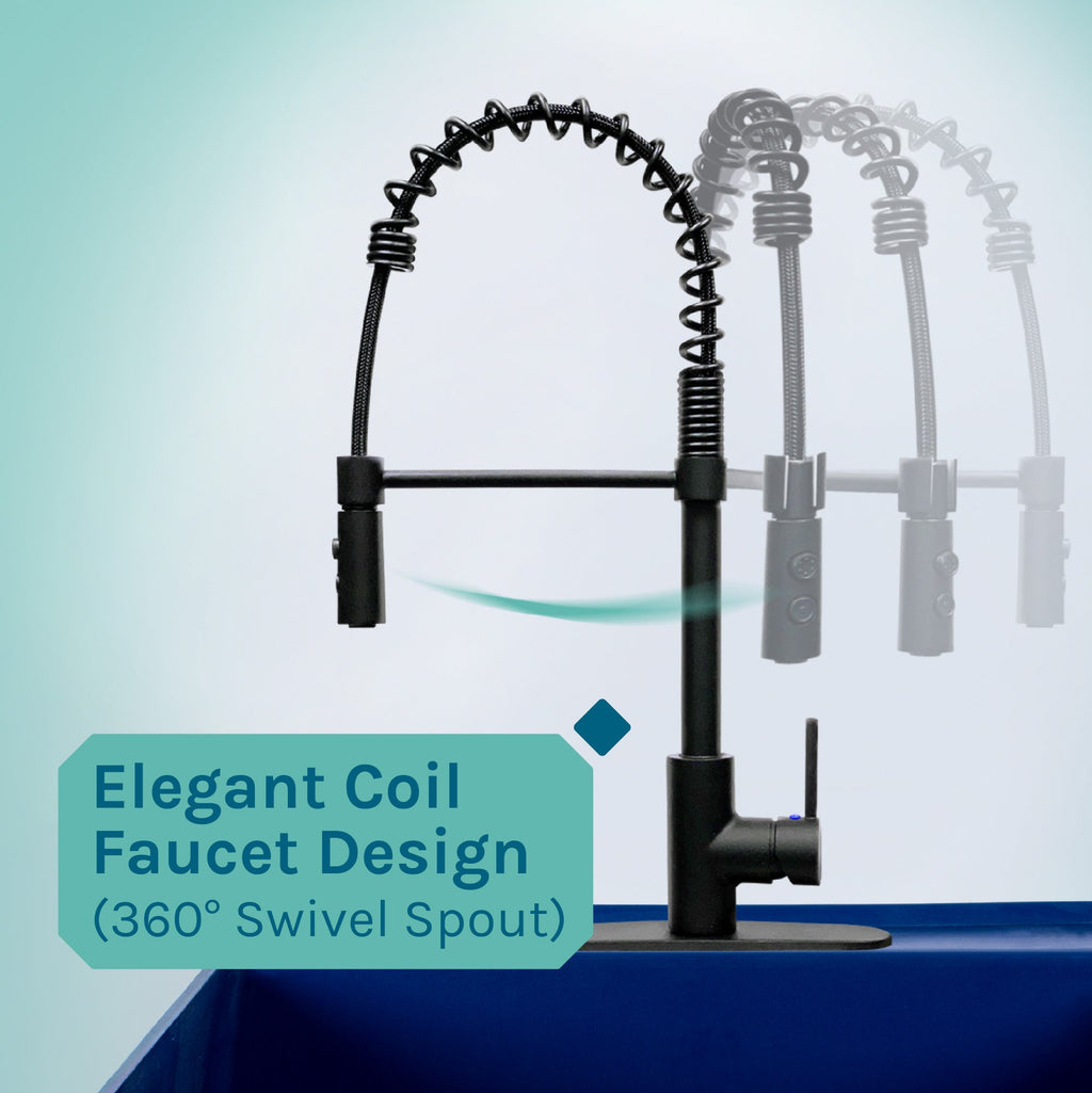 Blue Utility Sink with Black Finish High-Arc Coil Pull-Down Faucet