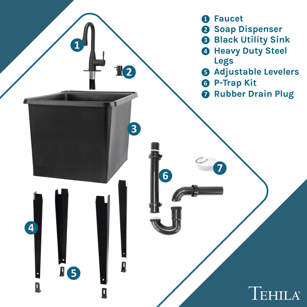 Black Utility Sink with Black Finish Low-Profile Pull-Down Faucet