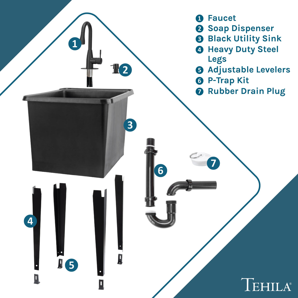 Black Utility Sink with Black Finish Low-Profile Pull-Down Faucet
