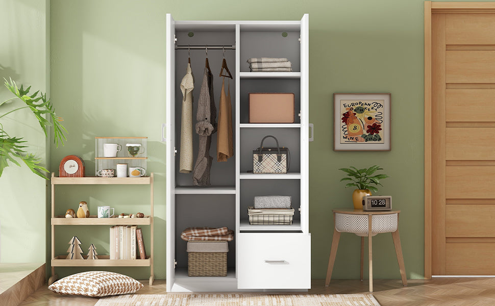 Wooden Wardrobe with Double Doors, Armoire with Hanging Rod, 5 Fixed Shelves
