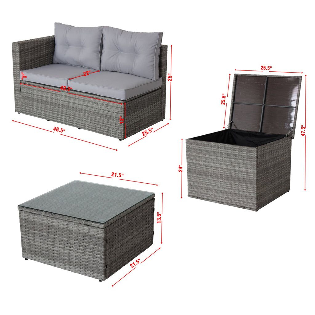 4 Piece Patio Sectional Wicker Rattan Sofa Set with Storage Box Grey
