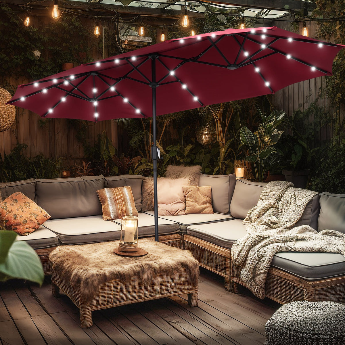 Ainfox 13ft Outdoor Patio Umbrella with Lights and Decorative Pattern Umbrella Base