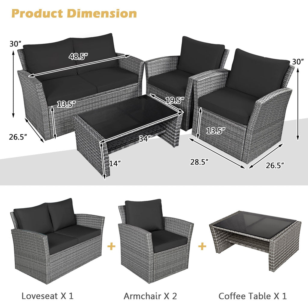 4 Pieces Patio Rattan Furniture Set Sofa Table with Storage Shelf Cushions