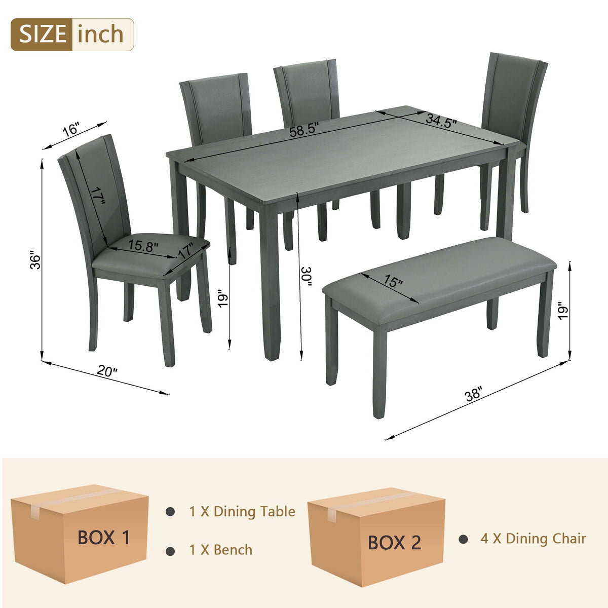 Modern 6 Piece Dining Table Set With Bench And Chairs For Dining Room - Gray