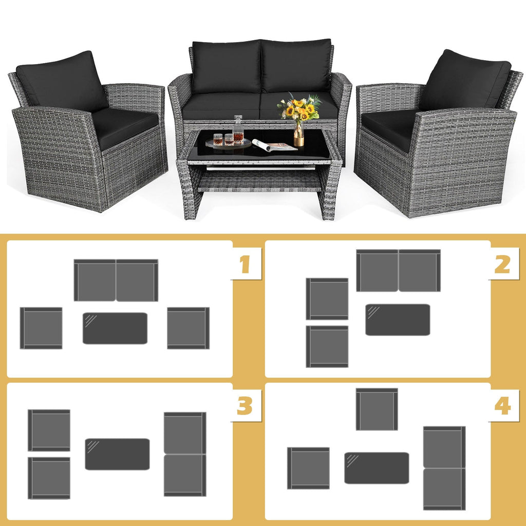 4 Pieces Patio Rattan Furniture Set Sofa Table with Storage Shelf Cushions