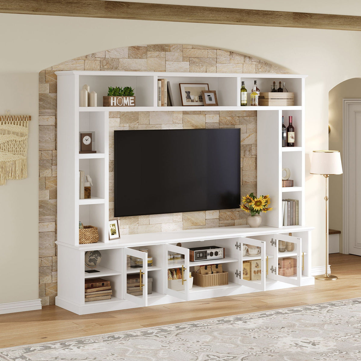 All-In-One Entertainment Center With Bookshelves & Tempered Glass Doors