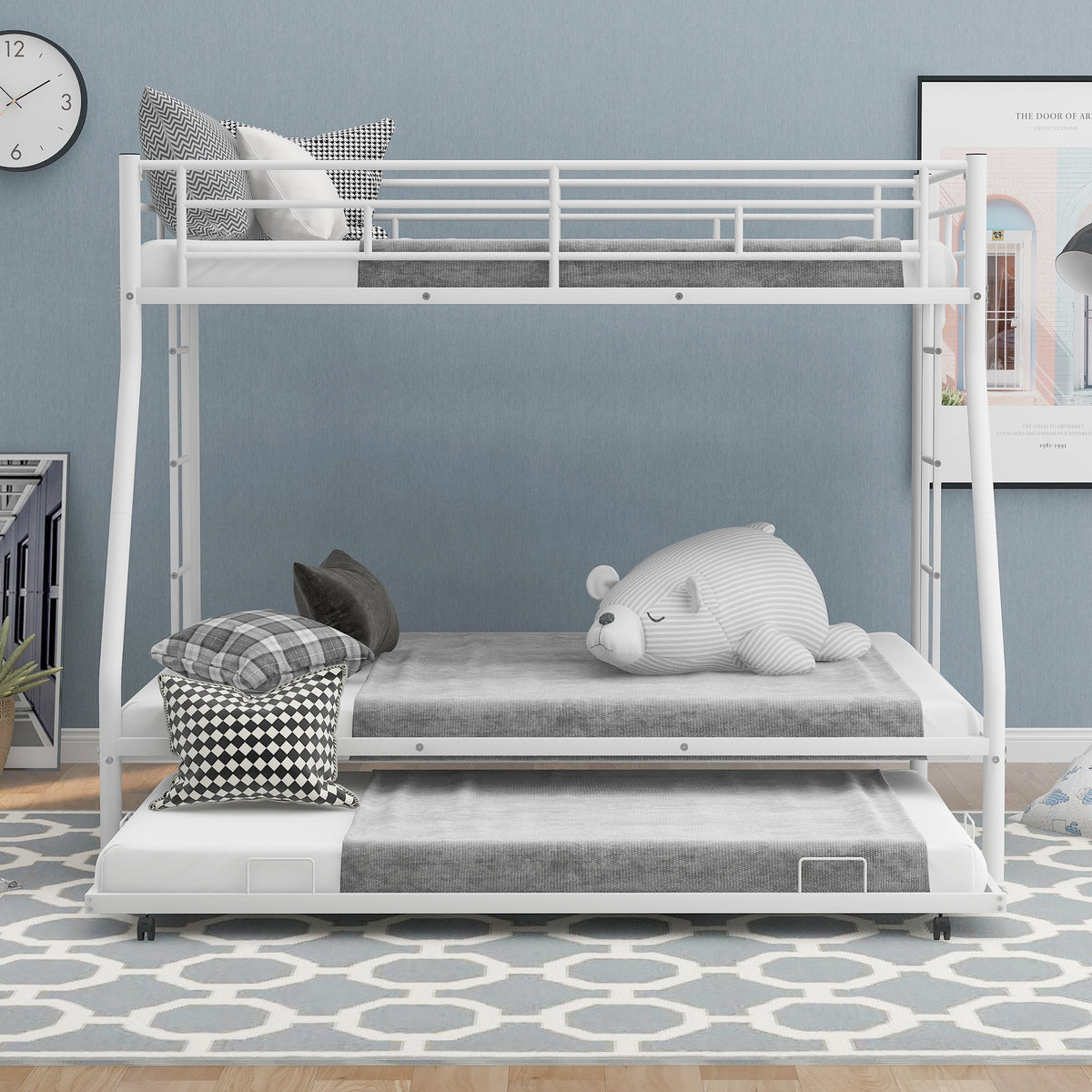 Twin over Full Bed with Sturdy Steel Frame Bunk Bed with Twin Size Trundle