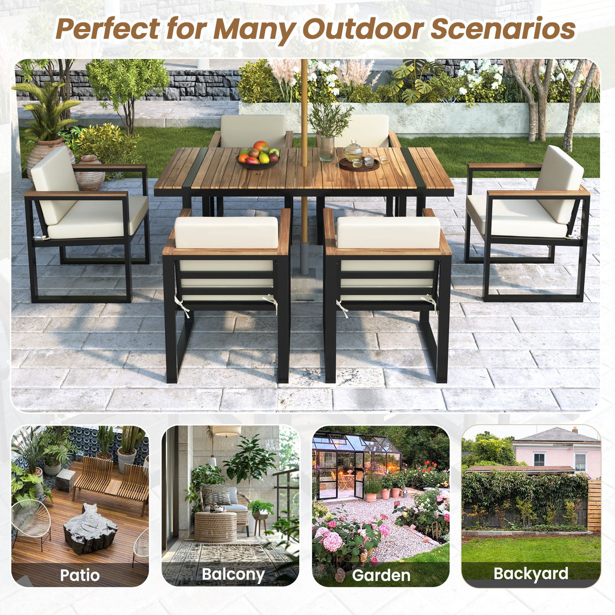 7 Pieces Dining Set Table And Chair Set With And Removable Cushions For Patio