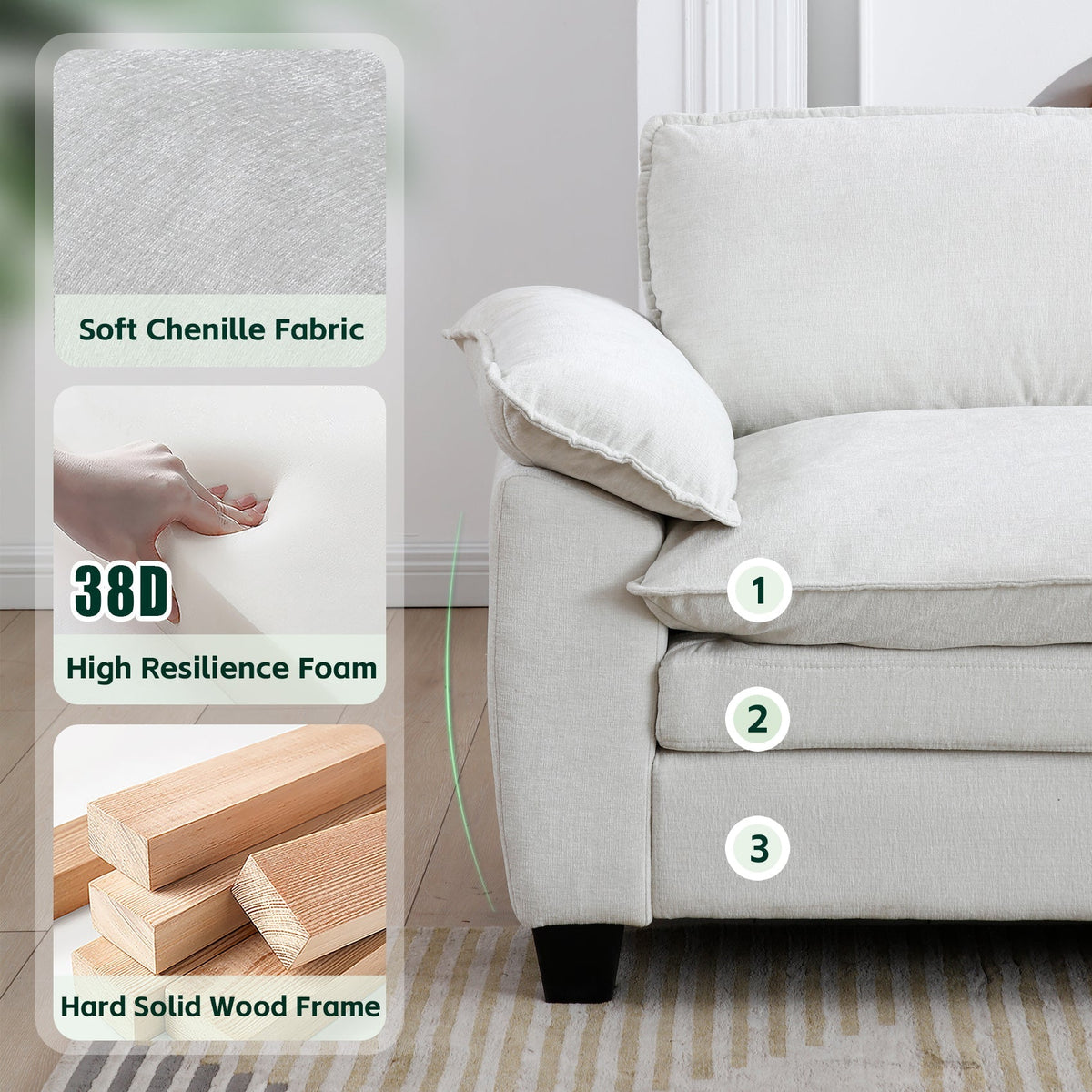 Living Room Sofa Luxury Couch with Ottoman in Soft Chenille