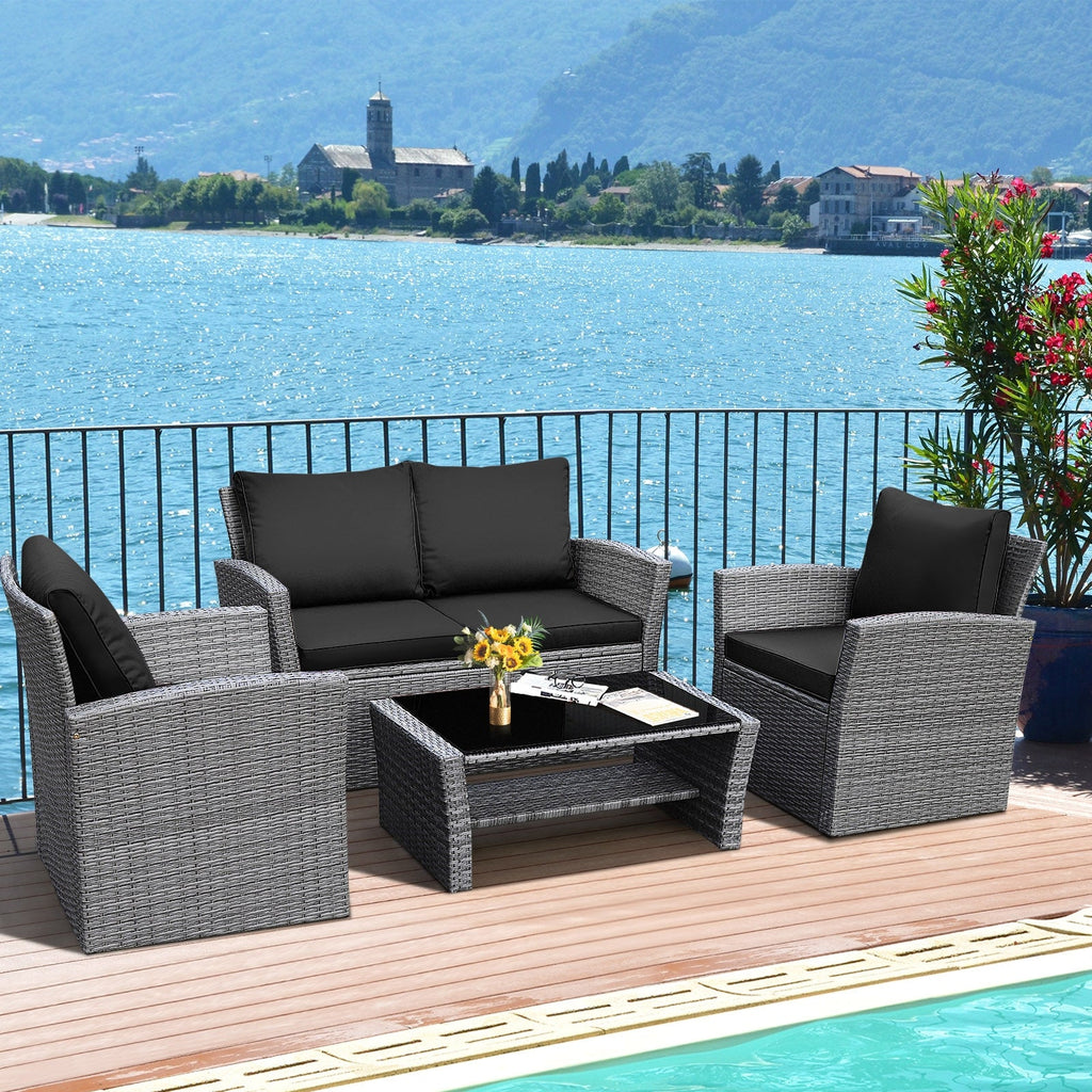 4 Pieces Patio Rattan Furniture Set Sofa Table with Storage Shelf Cushions