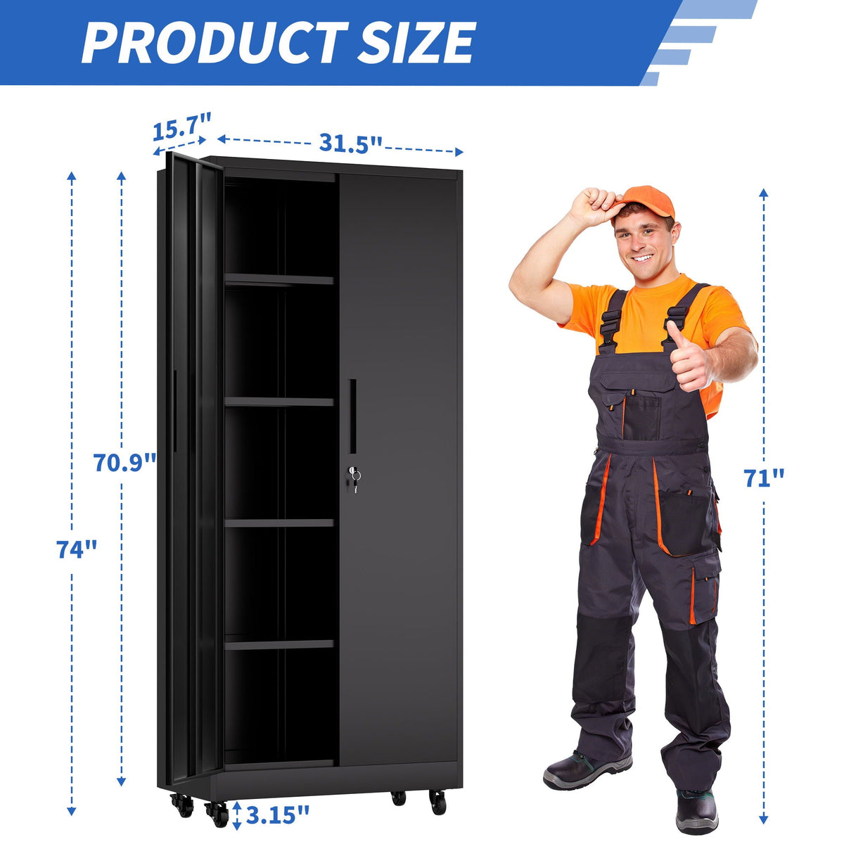 Storage Cabinet With Wheels And Lock, 4 Adjustable Shelves