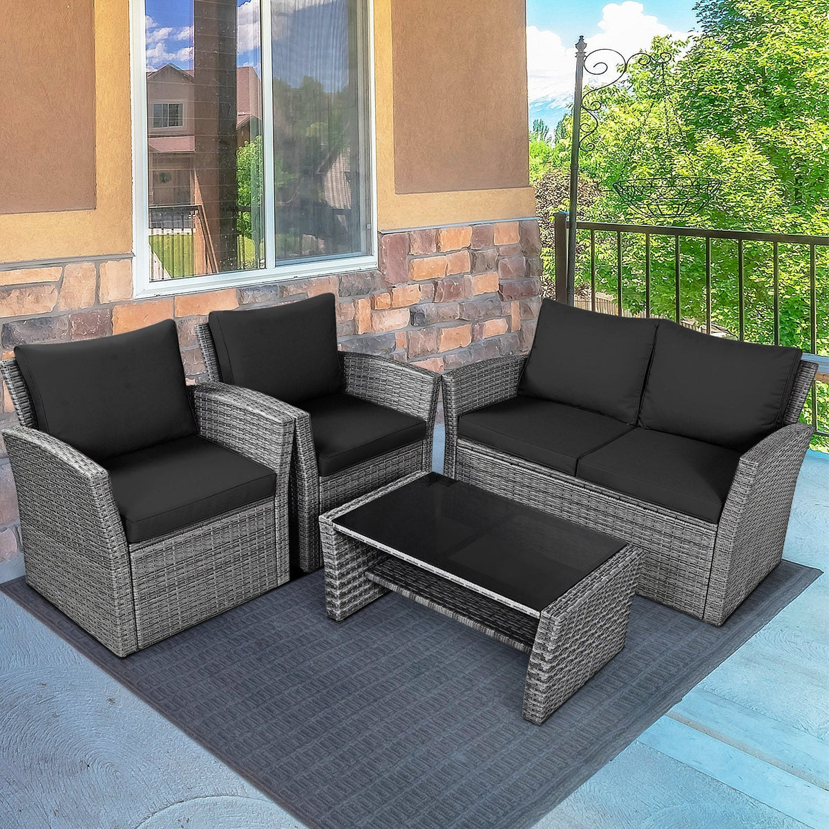 4 Pieces Patio Rattan Furniture Set Sofa Table with Storage Shelf Cushions