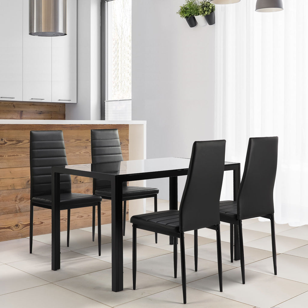 5 Pieces Dining Table Set, Tempered Glass Dining Table, 4 Faux Leather Chairs - Black