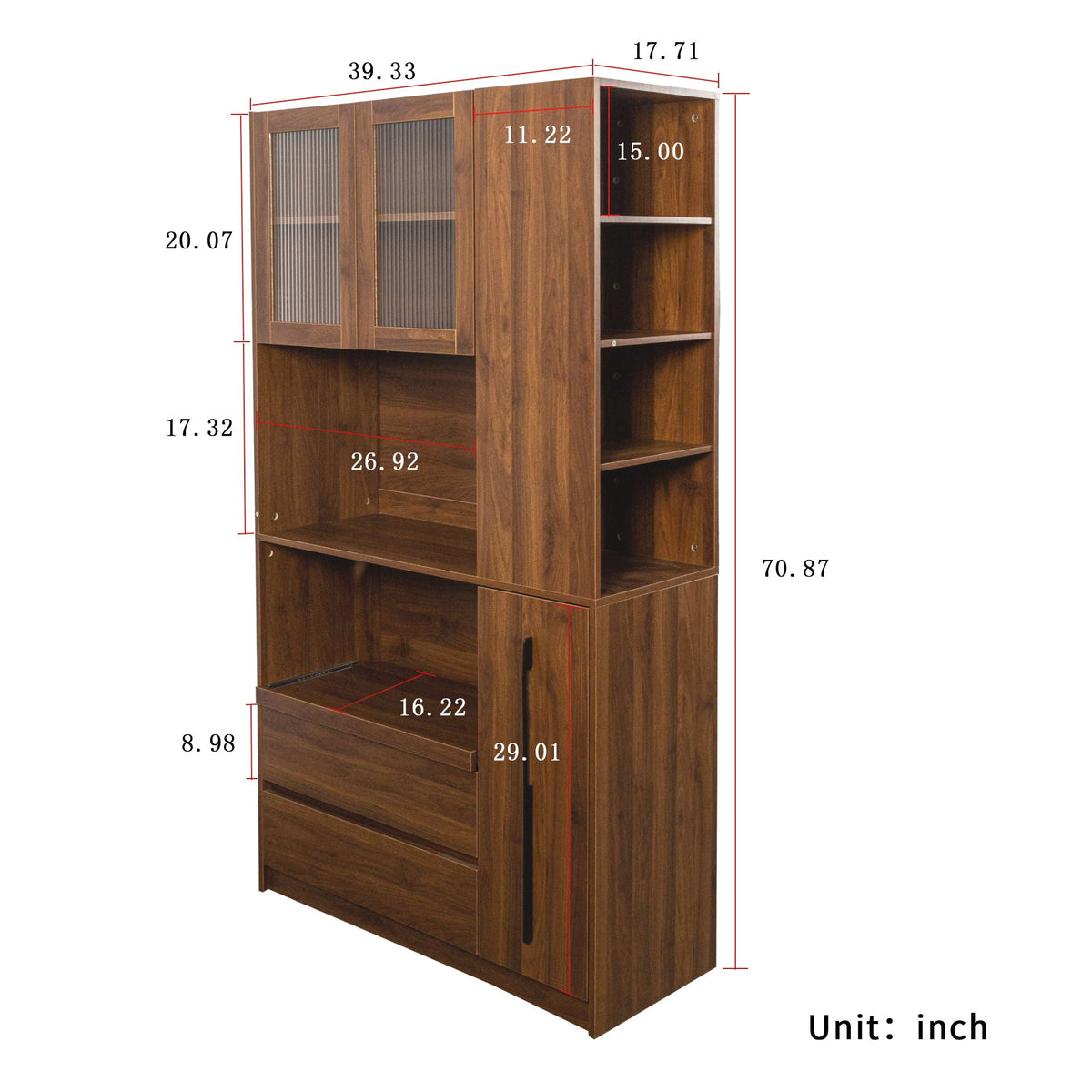 Tall Kitchen Pantry Cabinet With 4 Tier Side Shelf, 2 Drawers