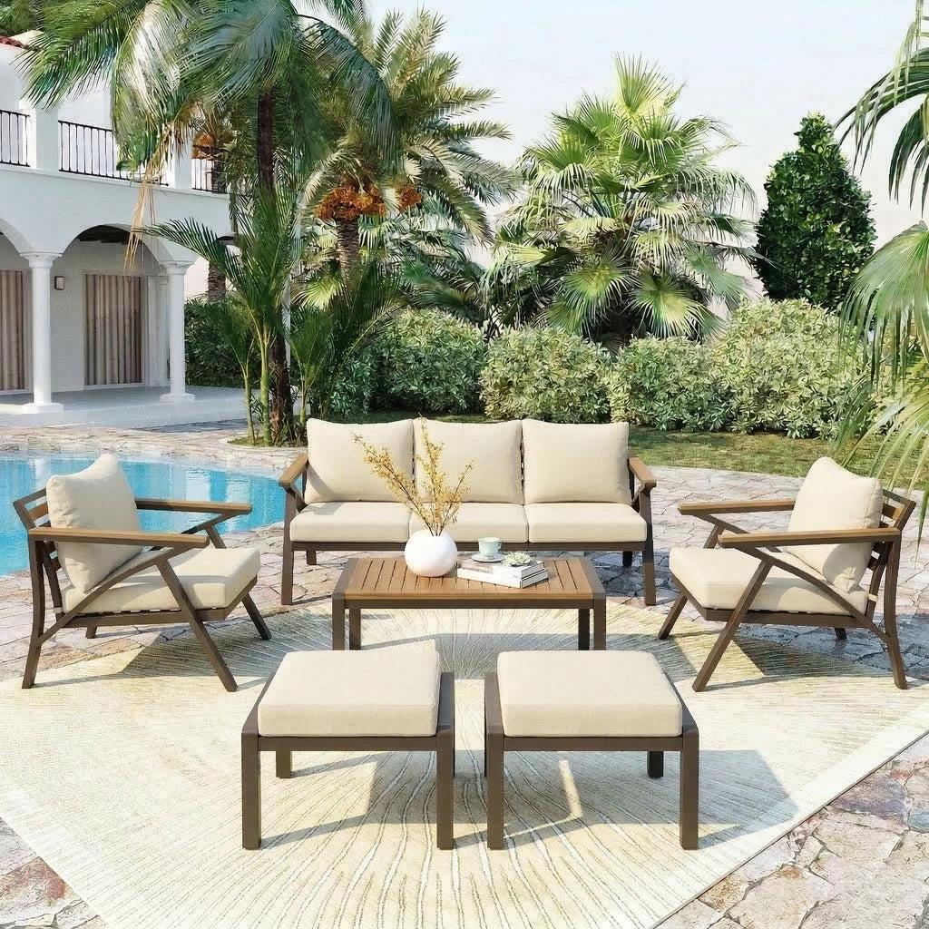 6-Piece Patio Furniture Set with Steel Frame Sofa & Acacia Wood Table
