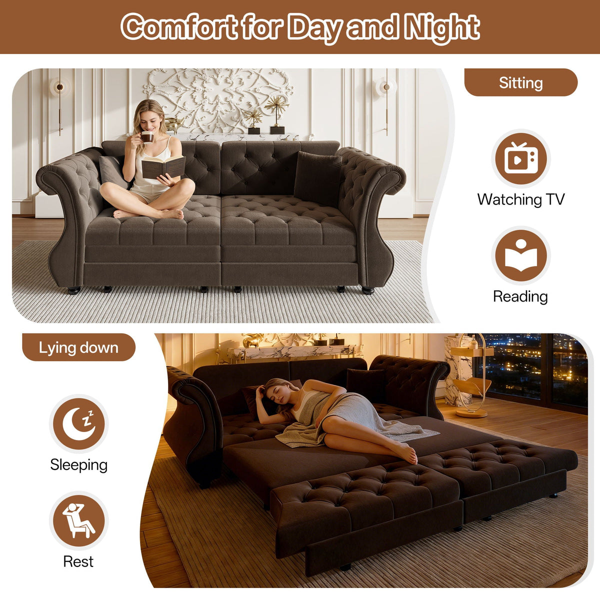 Oversized Chesterfield Pull Out Sofa Bed with Flower Tufting