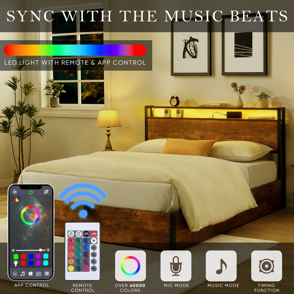 Elevating storage bed frame, full-size bed frame with bookshelf headboard and LED lights