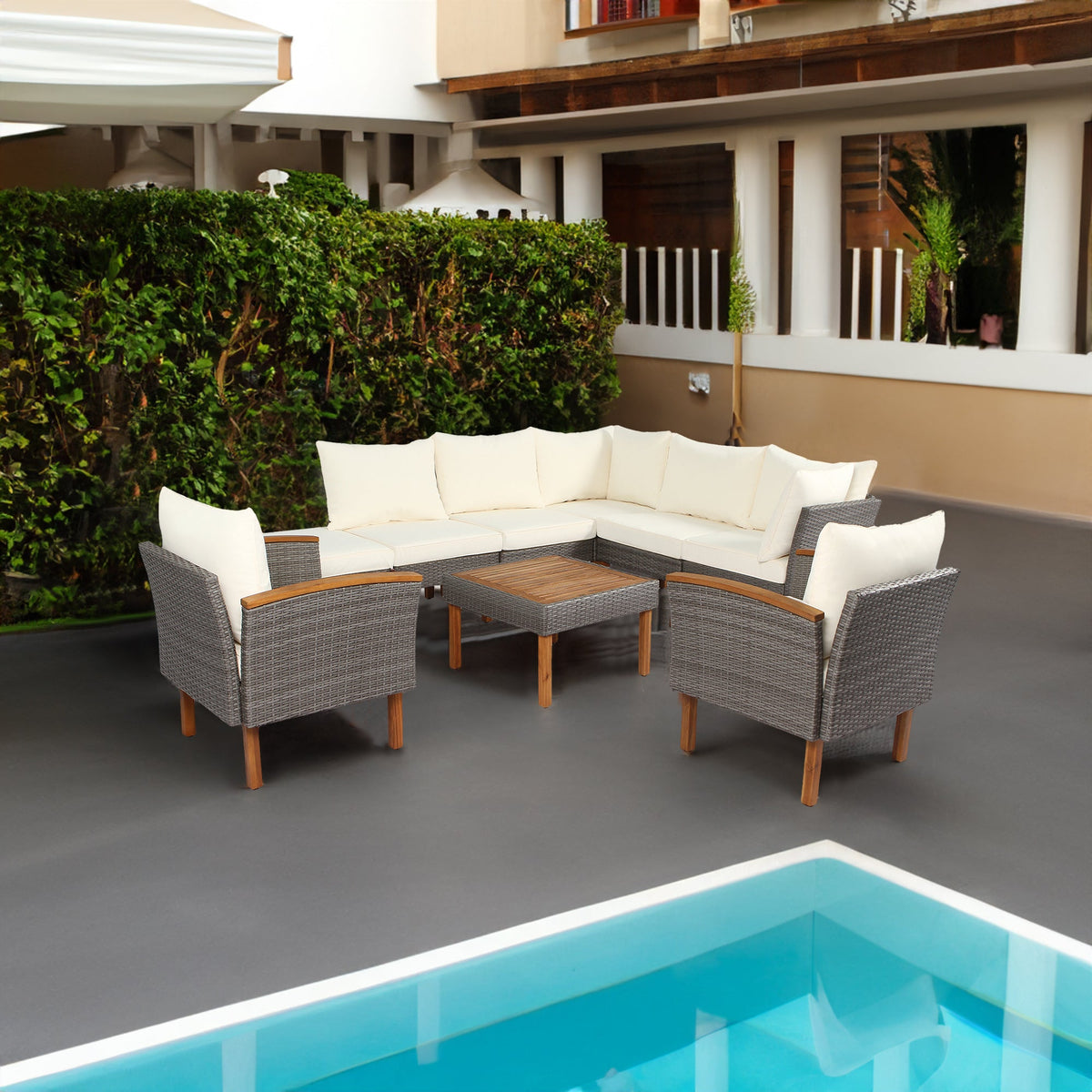 9-piece Patio rattan sofa set, coffee table washable cushions - beige