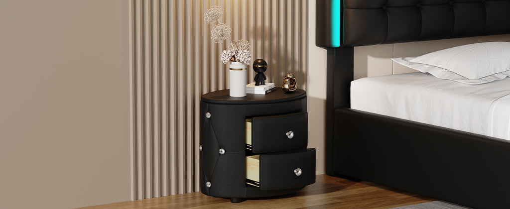 Elegant PU Nightstand with 2 Drawers and Crystal Handle, Easy Assembled