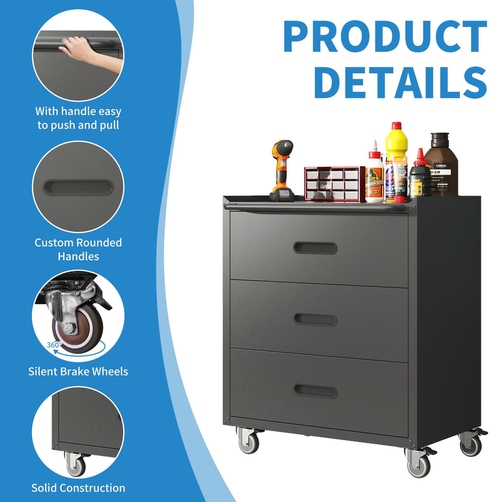 Heavy Duty Metal Storage Cabinet With Wheels 3 Drawer Tool Cabinet