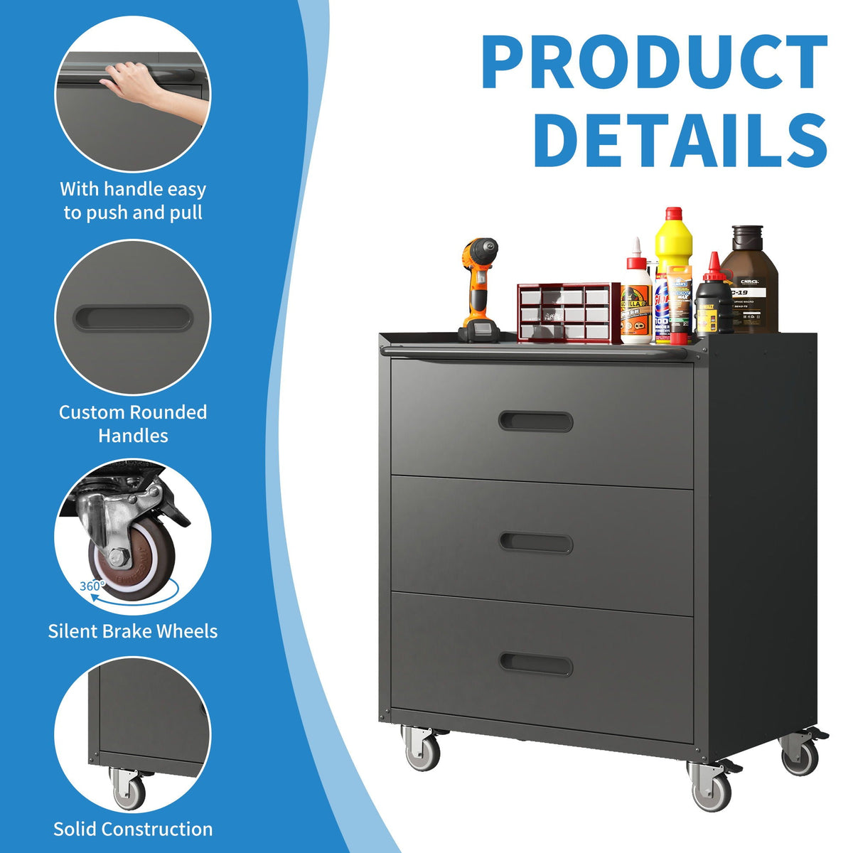 Heavy Duty Metal Storage Cabinet With Wheels 3 Drawer Tool Cabinet