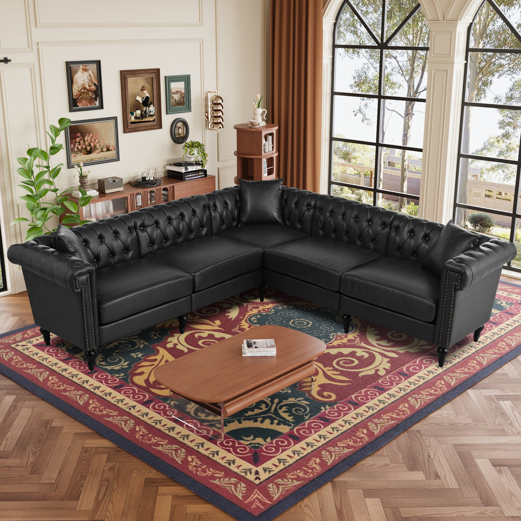 L Shaped Reversible Modern Chesterfield Sofa with Rolled Arms and Nailheads