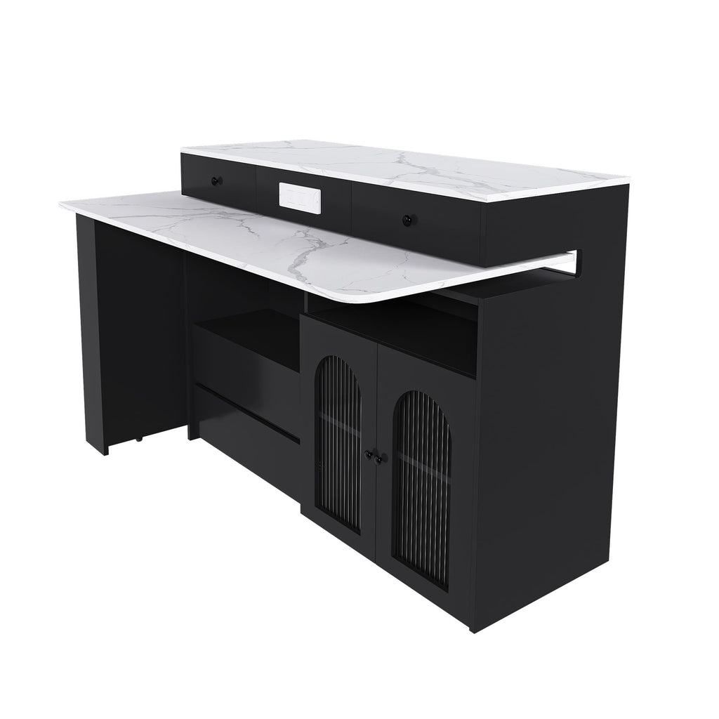 Kitchen Island, Extendable Rotating Table, 4 Drawers & Glass Doors