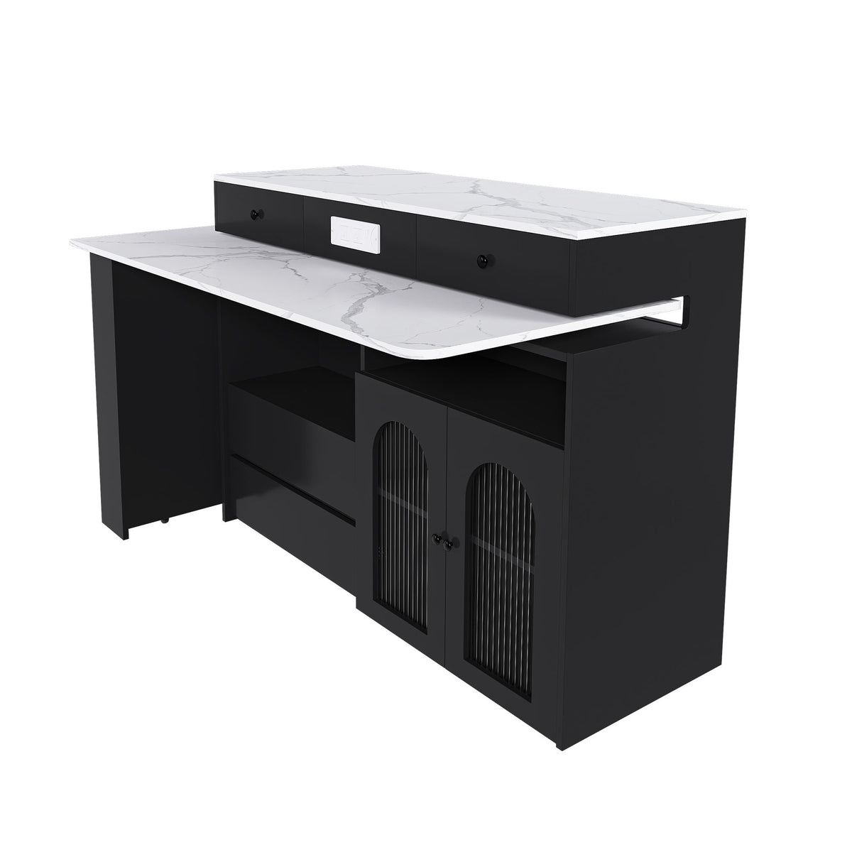 Kitchen Island, Extendable Rotating Table, 4 Drawers & Glass Doors