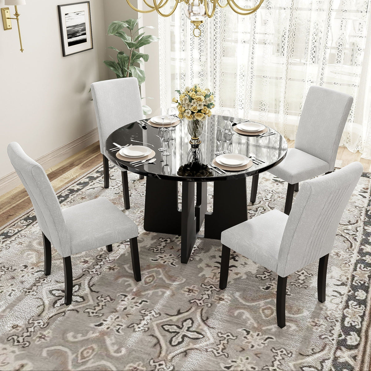 5 Piece Round Dining Table Set, Dining Table And 4 Upholstered Chairs
