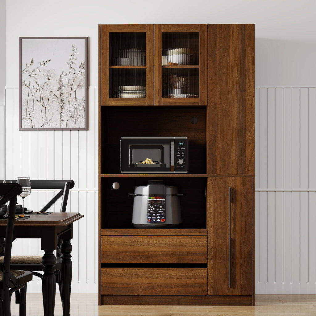 Tall Kitchen Pantry Cabinet With 4 Tier Side Shelf, 2 Drawers