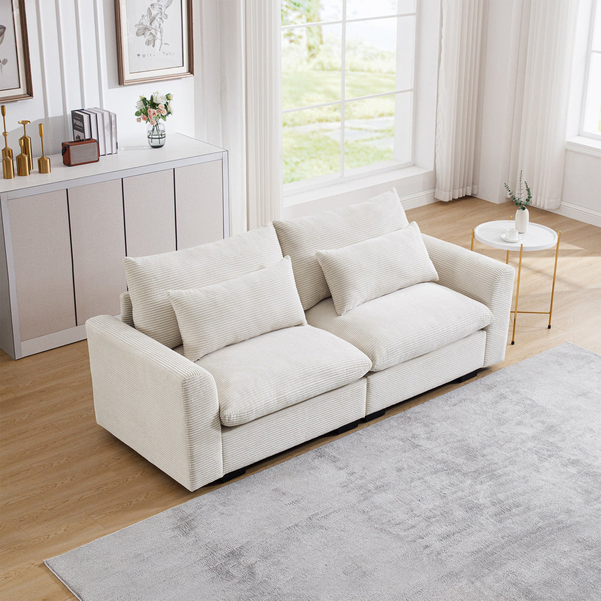 Beige Corduroy Sofa Couch, Deep Seat Couches